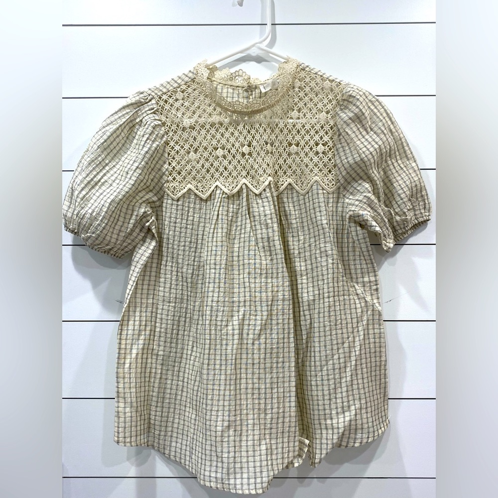 Bubble sleeve plaid print blouse